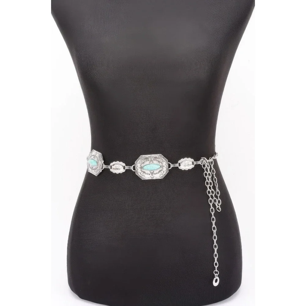 Concho Chain Belt Womens OS Silver Turquoise Excellent Western Boho